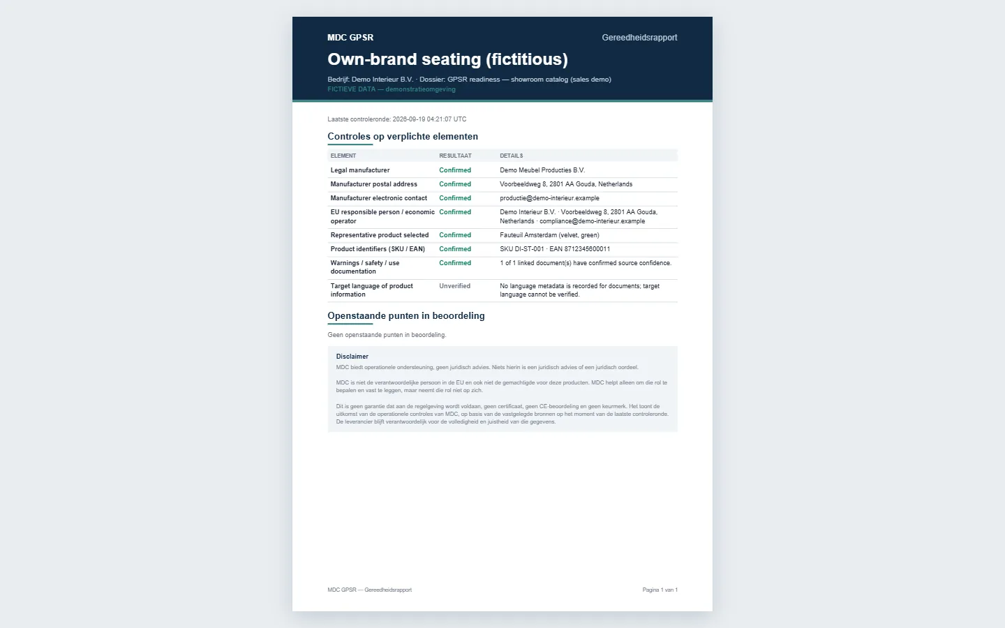 Eerste pagina van het Nederlandstalige gereedheidsrapport (PDF) van een productfamilie in de demo-omgeving: de acht controles met resultaat, openstaande punten in beoordeling en de disclaimer