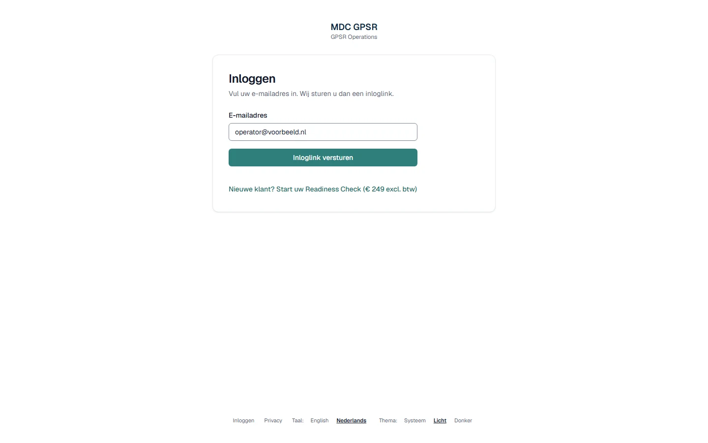 Inlogscherm van de MDC-omgeving in het Nederlands: één veld voor het e-mailadres, ingevuld met een fictief adres, en de knop ‘Inloglink versturen’. Er is geen wachtwoordveld.