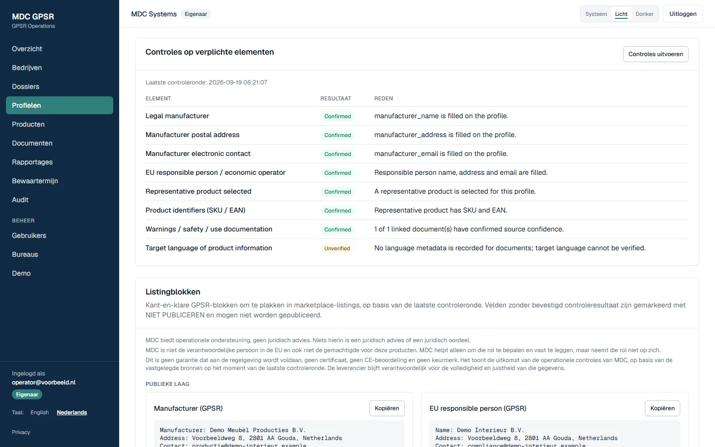 Controles op acht GPSR-controlepunten voor één productfamilie, met resultaat en reden per controlepunt, en de listingblokken eronder